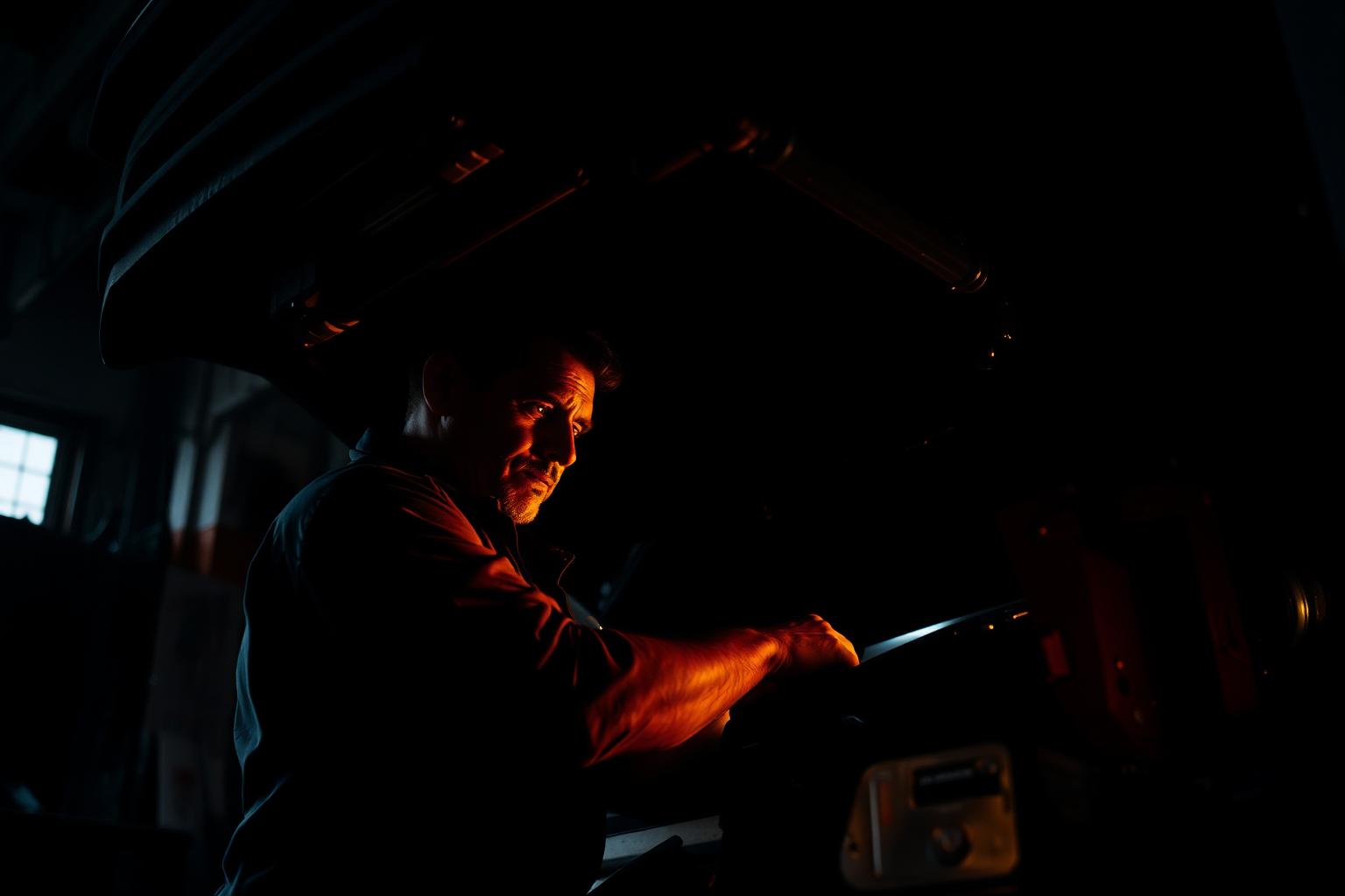 Mechanic working under the hood in a dark garage